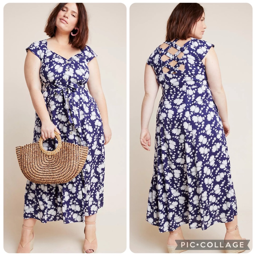 Maeve Anthropologie Tate Sundress Blue Floral Crisscross Back Button Dress 14